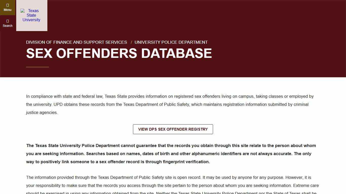 Sex Offenders Database : University Police Department : Texas State University